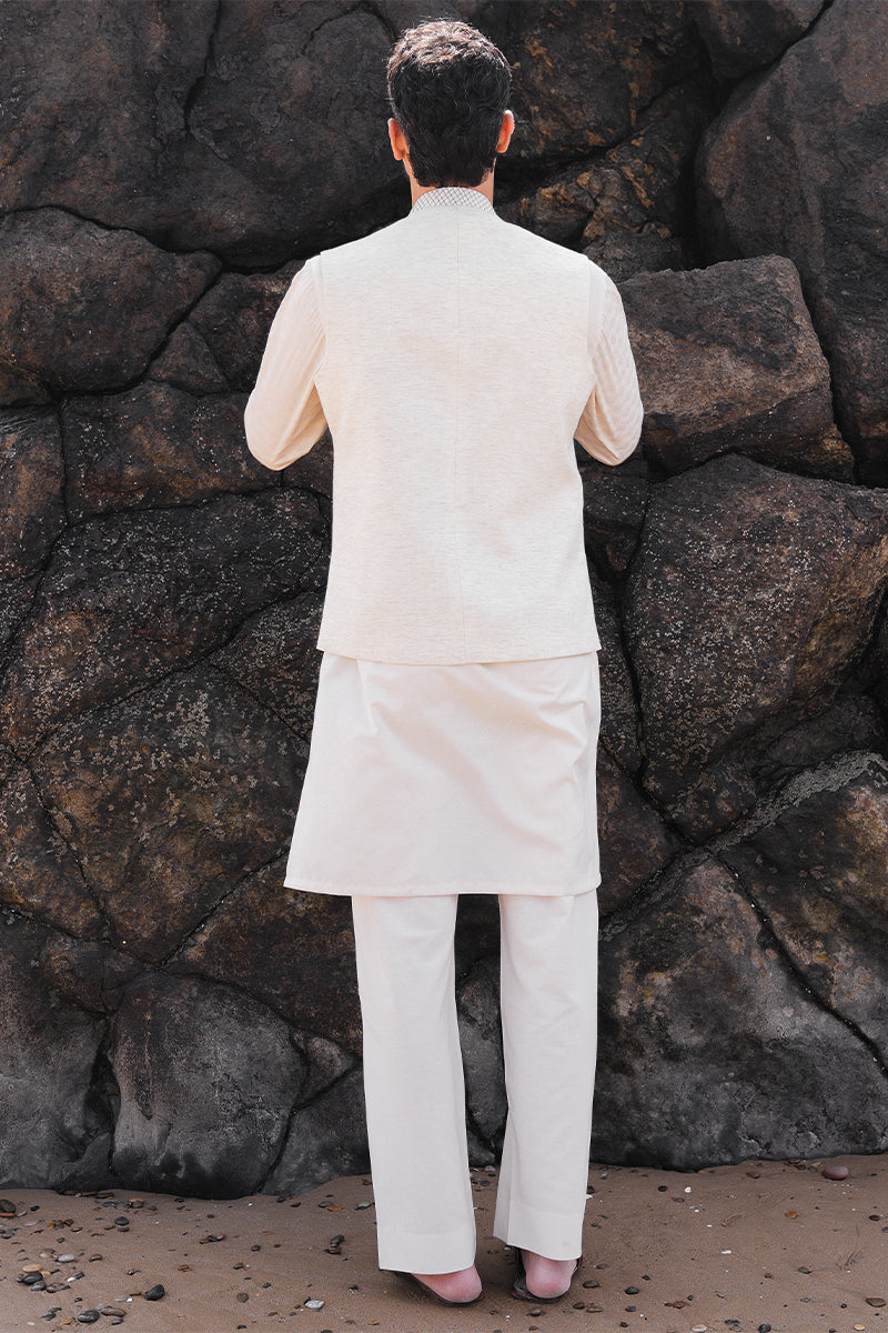 Cream Block Printed Woven Waistcoat Kurta (3-Piece) - Image 5