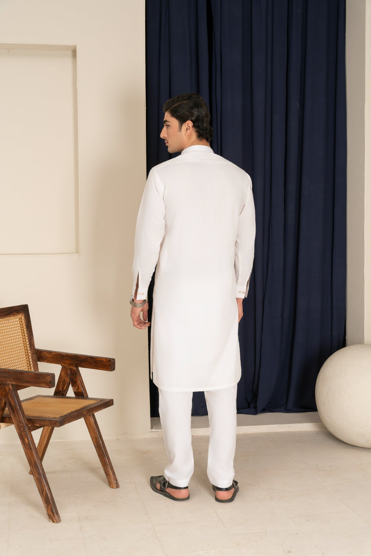 Cream Plain Blended Fabric Kameez Shalwar (2-Piece) - Image 3