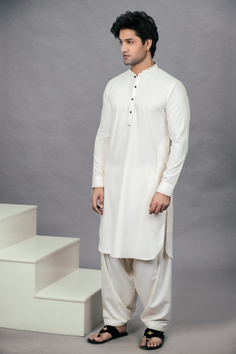 Cream Shiny Cotton Shalwar Kameez (2-Piece) - Image 1