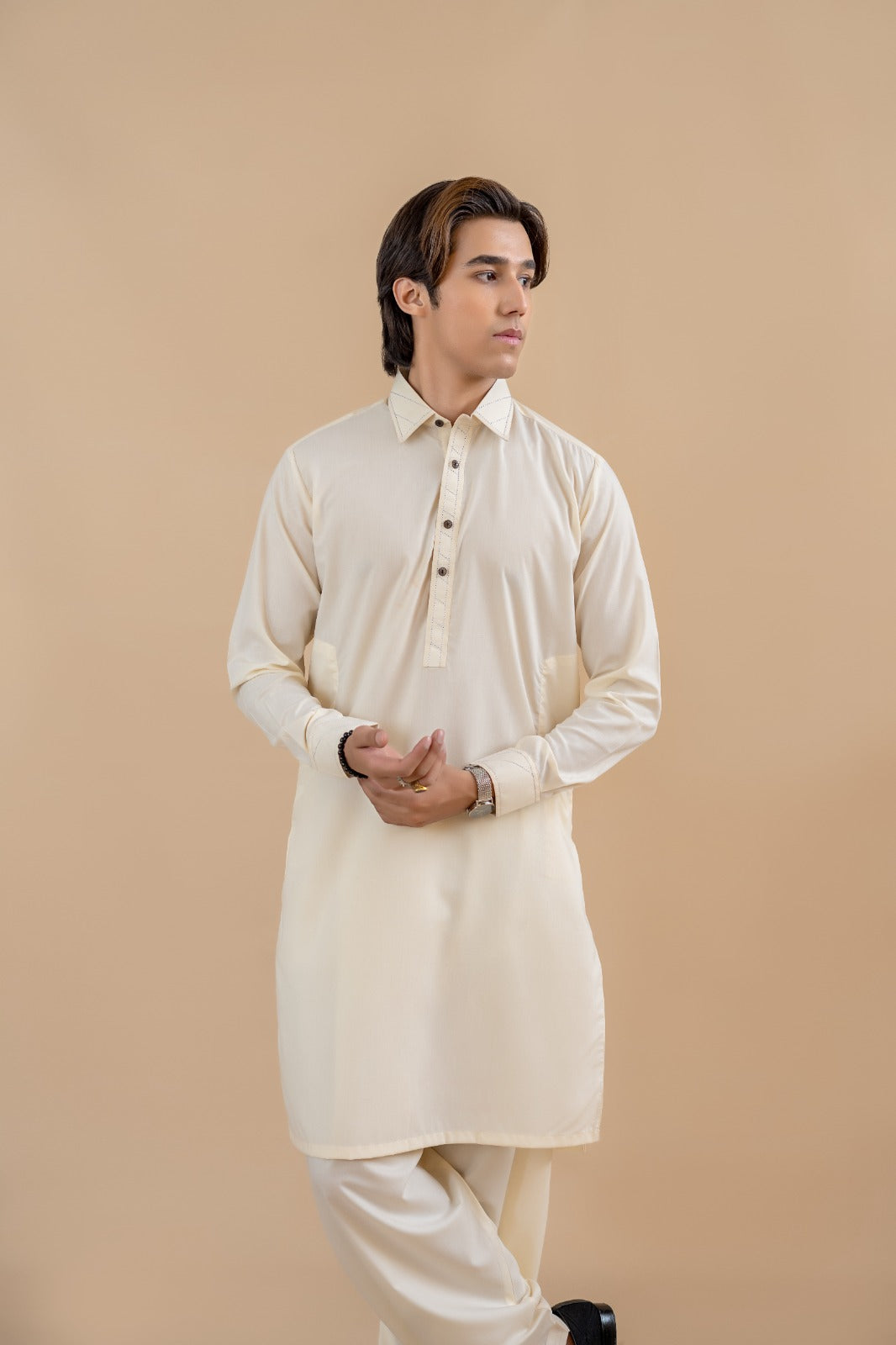 Cream Wash & Wear Shalwar Kameez (2-Piece) - Image 2