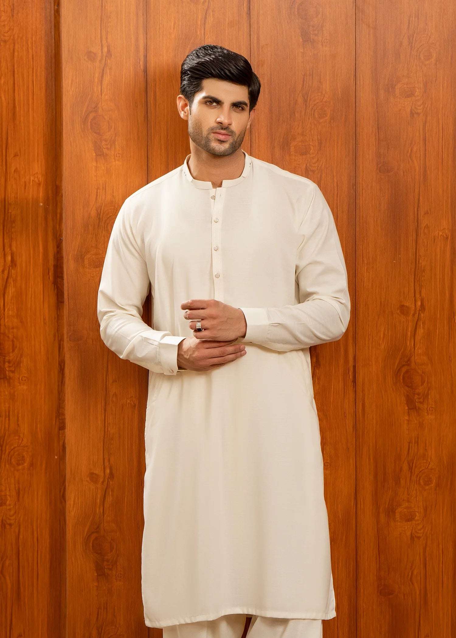Cream Wash & Wear Shalwar Kameez (2-Piece) - Image 6