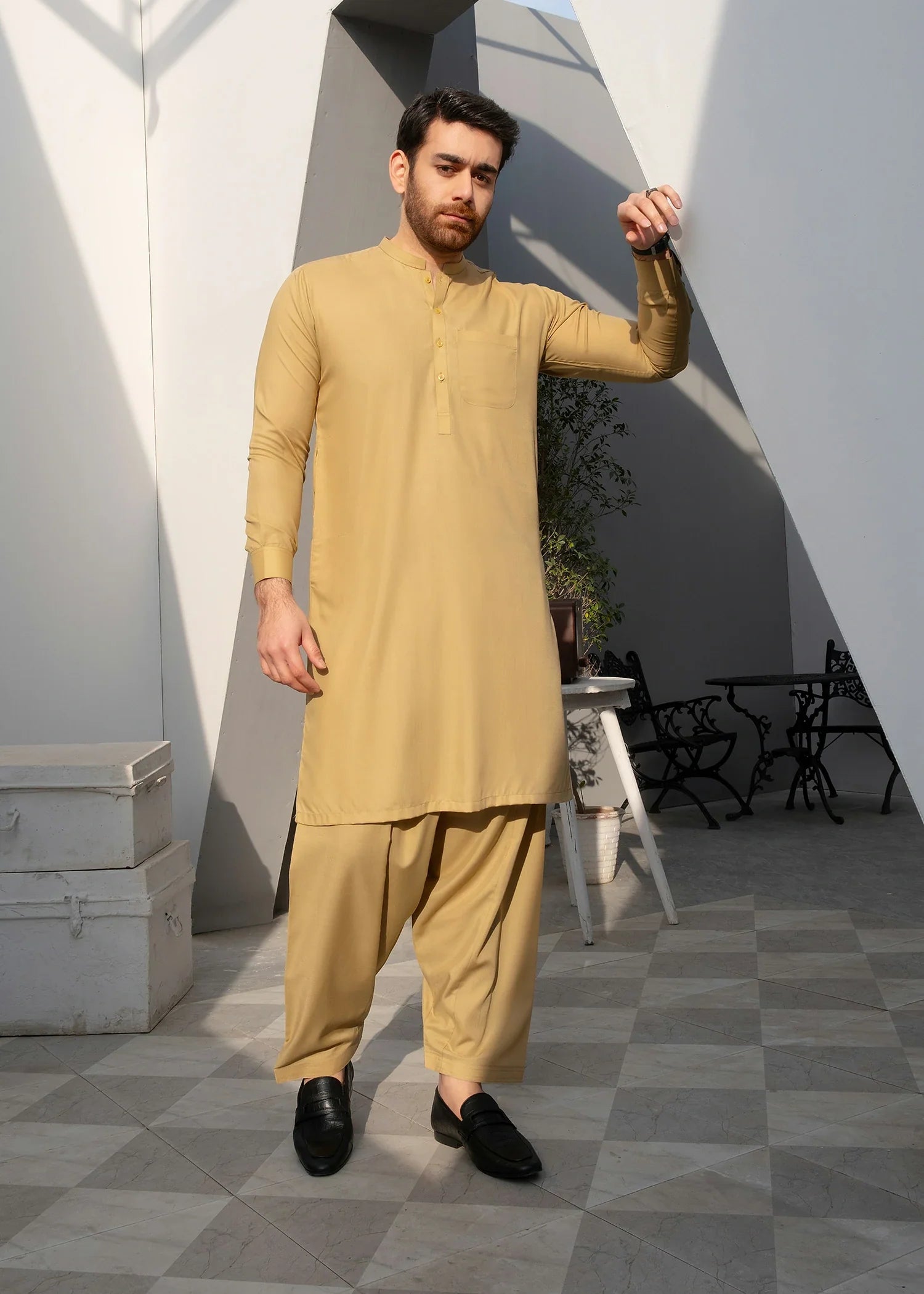 Cream Wash & Wear Shalwar Kameez (2-Piece) - Image 2