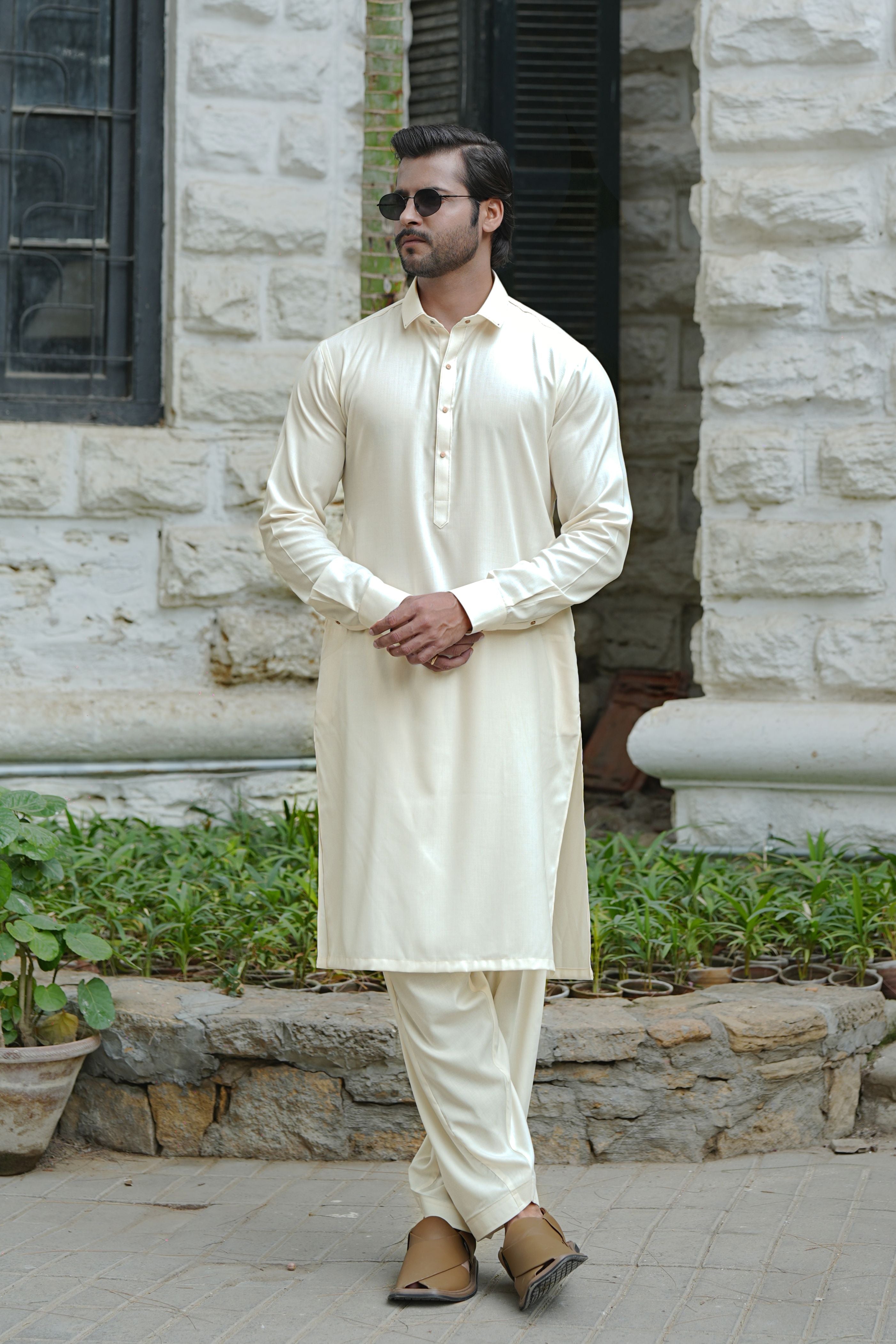 Cream Wash & Wear Blended Shalwar Kameez (2-Piece) - Image 1
