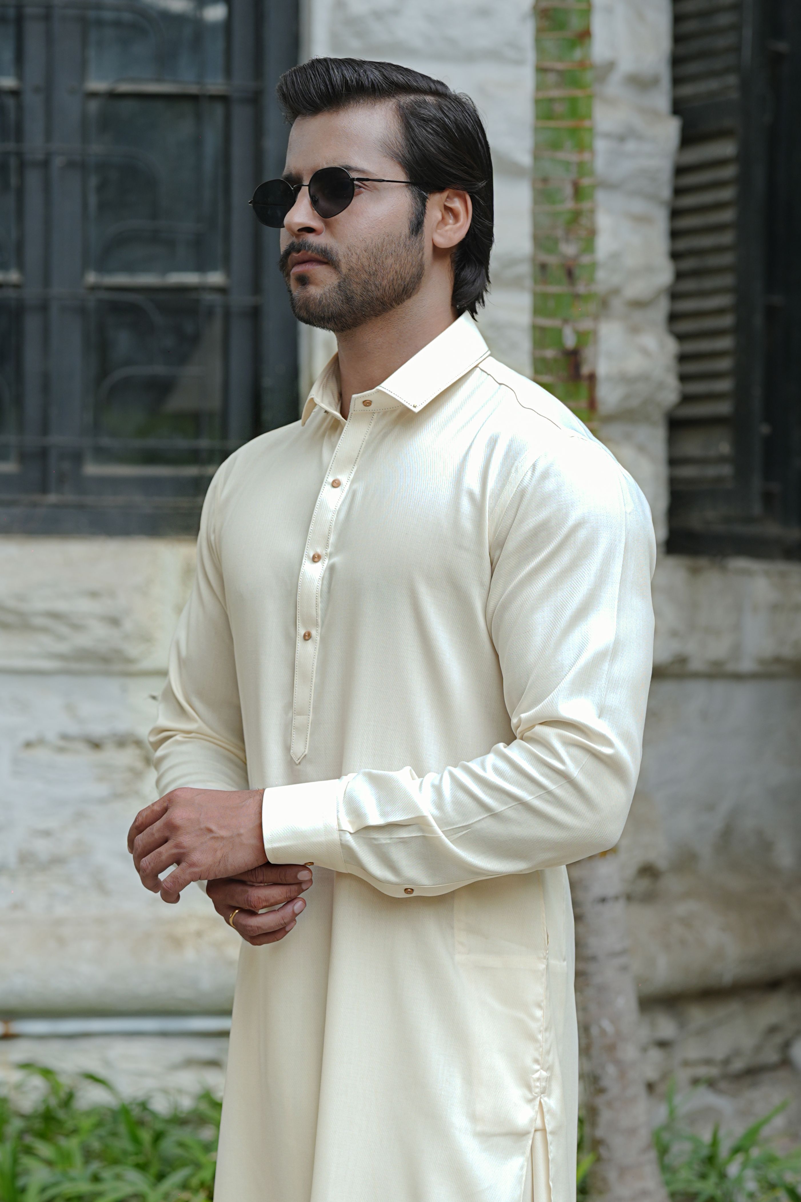 Cream Wash & Wear Blended Shalwar Kameez (2-Piece) - Image 2