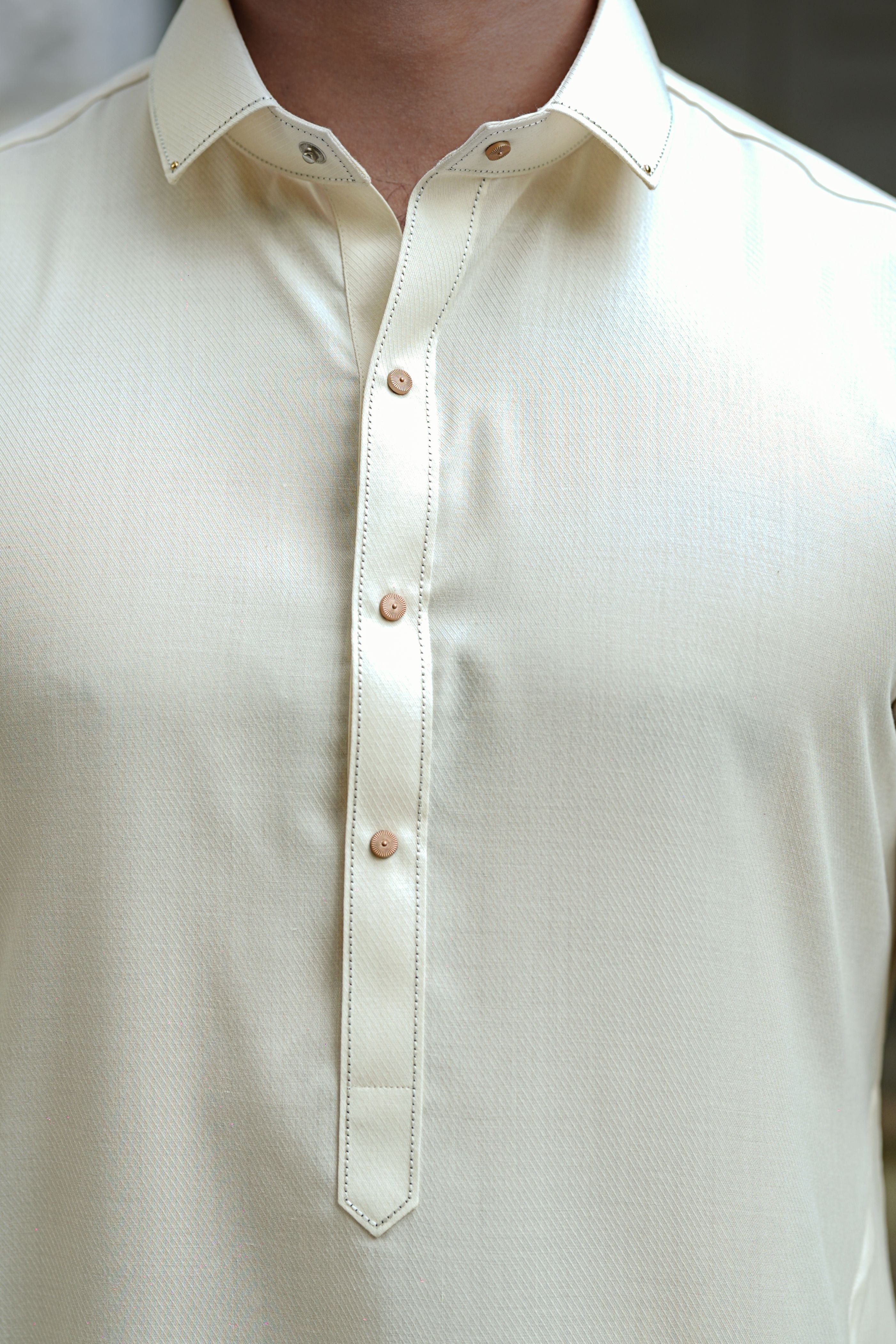 Cream Wash & Wear Blended Shalwar Kameez (2-Piece) - Image 3