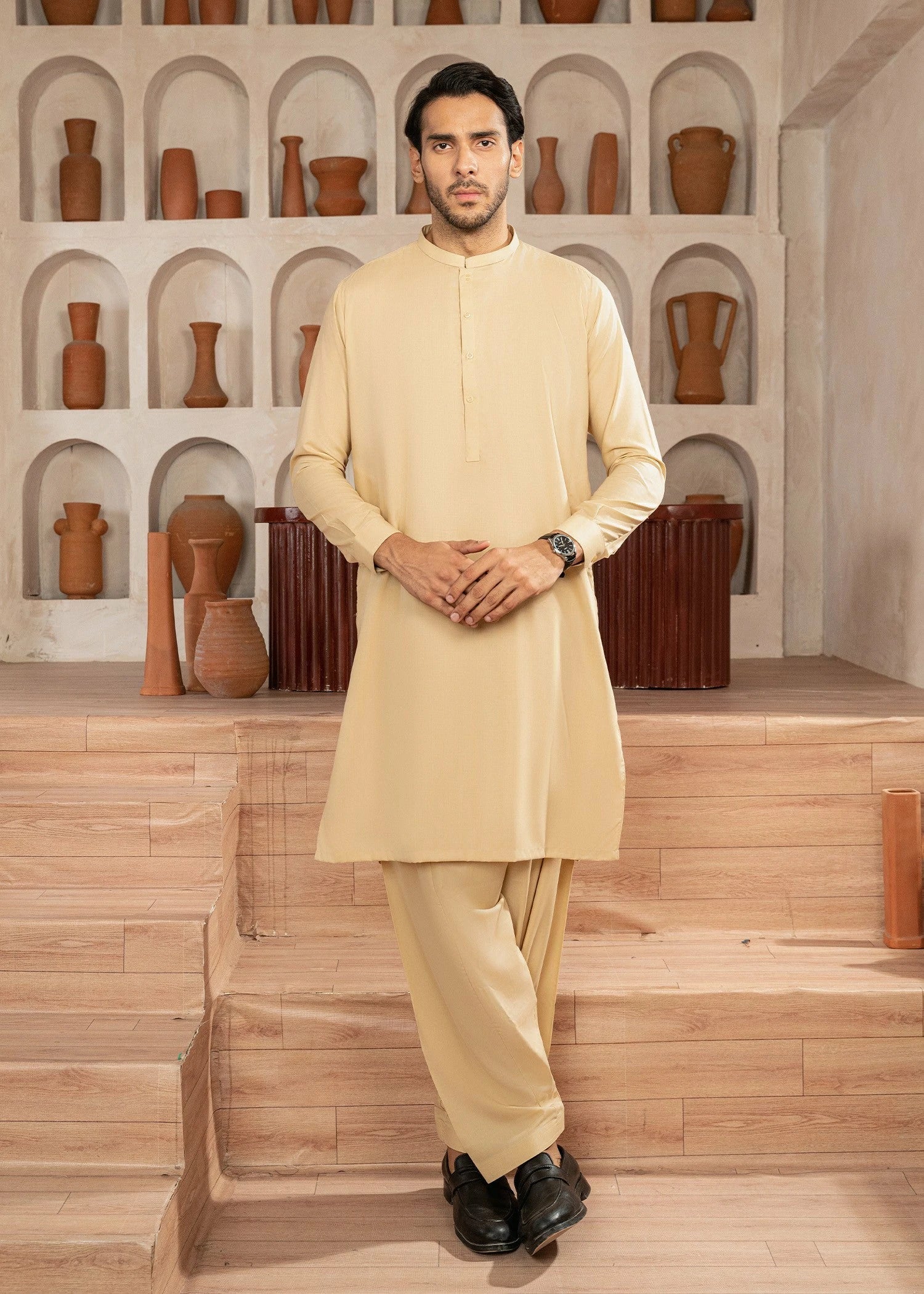 Cream Wash & Wear Shalwar Kameez (2-Piece) - Image 1