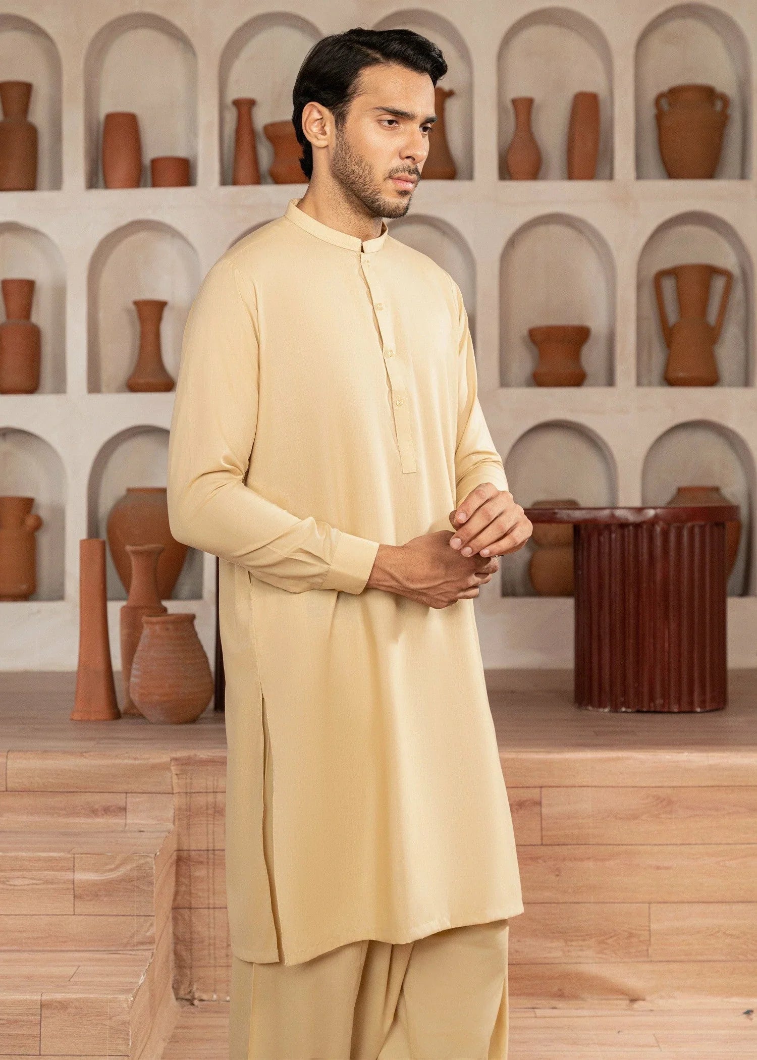 Cream Wash & Wear Shalwar Kameez (2-Piece) - Image 2