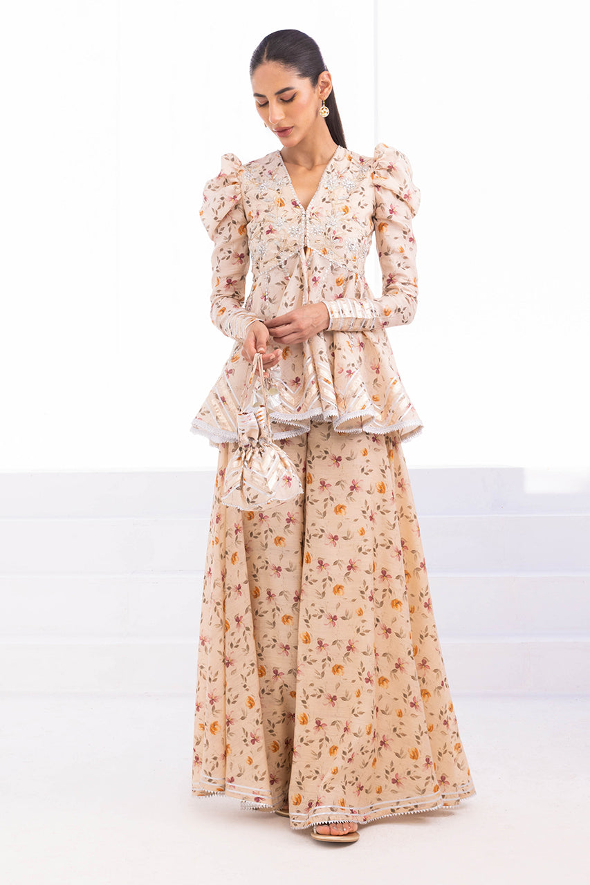 Cream Floral Gota Khaddi Silk Peplum (2-Piece) - Image 1