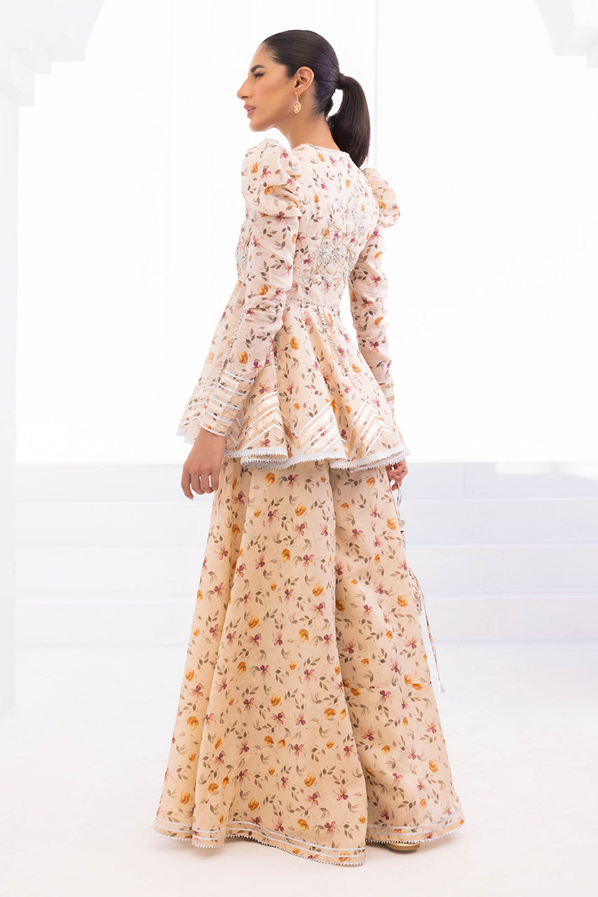 Cream Floral Gota Khaddi Silk Peplum (2-Piece) - Image 2