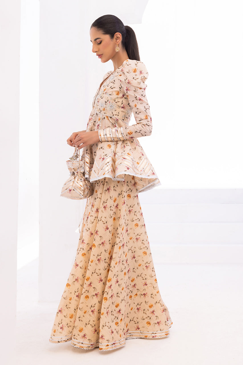 Cream Floral Gota Khaddi Silk Peplum (2-Piece) - Image 3