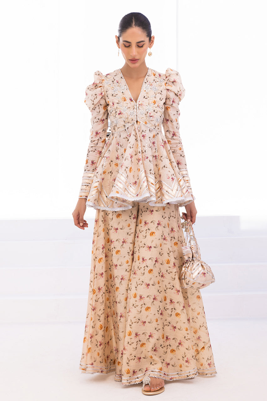 Cream Floral Gota Khaddi Silk Peplum (2-Piece) - Image 5