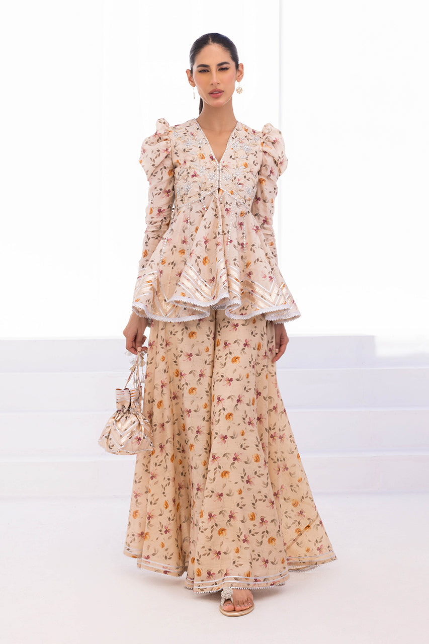 Cream Floral Gota Khaddi Silk Peplum (2-Piece) - Image 6