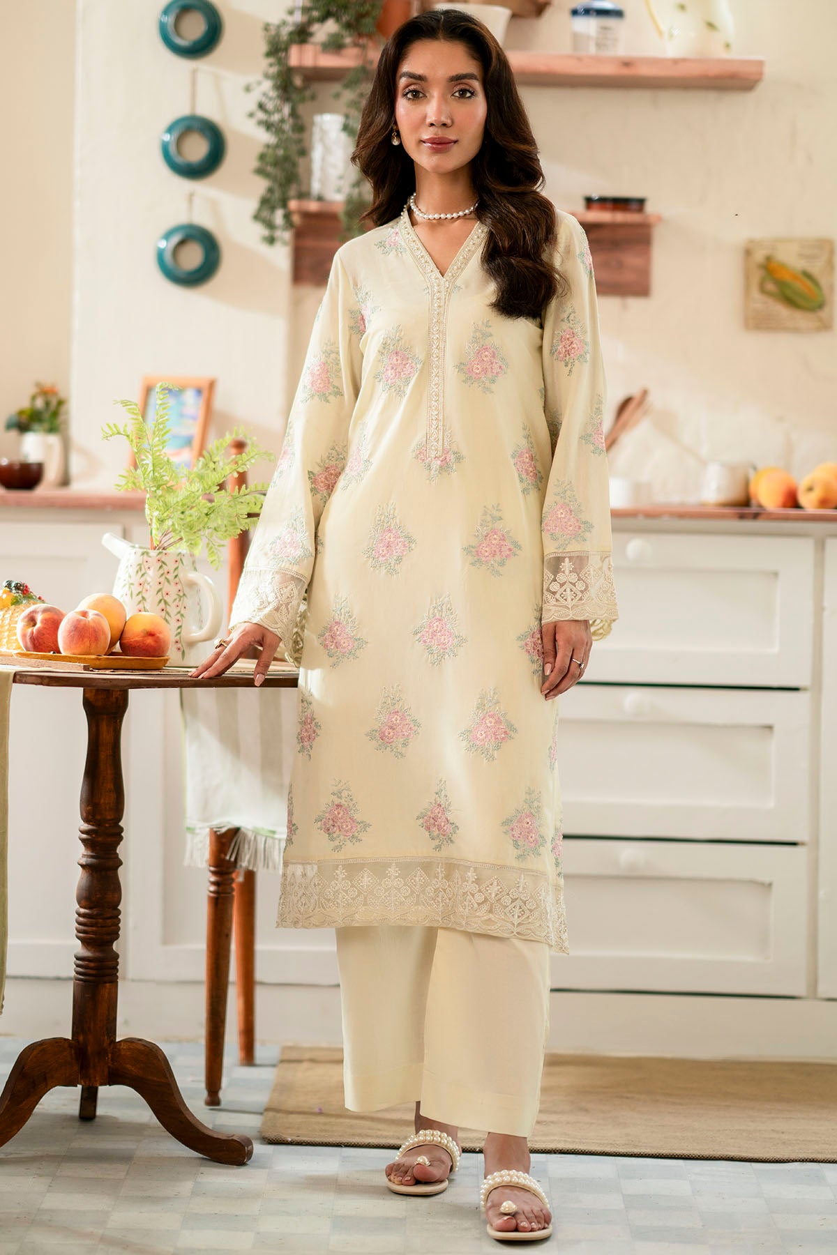 Cream Embroidered Cambric Lawn Salwar Kameez (2-Piece) - Image 1