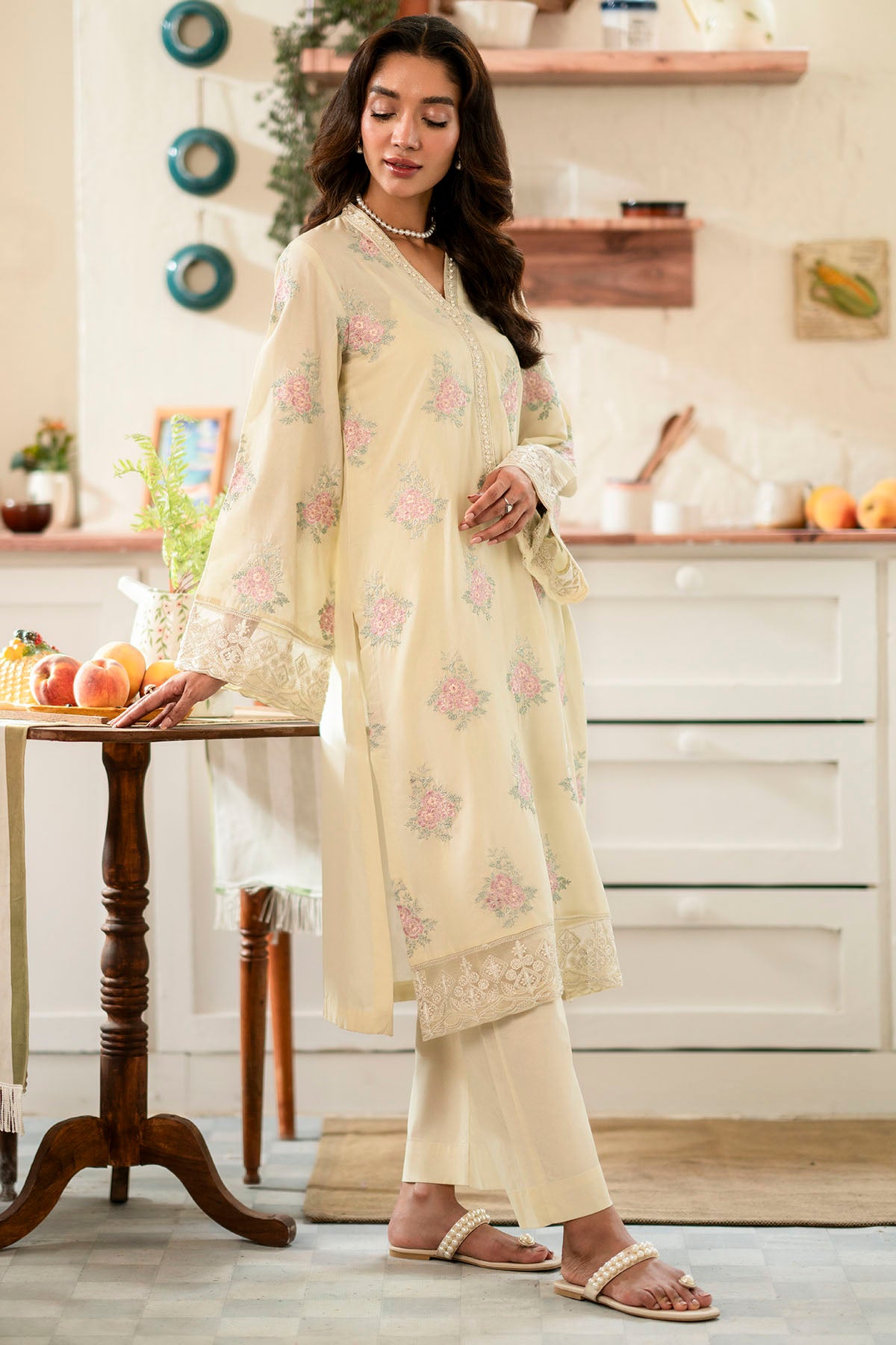 Cream Embroidered Cambric Lawn Salwar Kameez (2-Piece) - Image 2