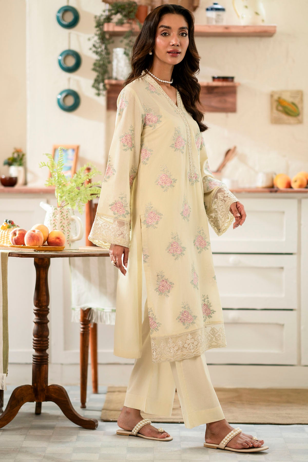 Cream Embroidered Cambric Lawn Salwar Kameez (2-Piece) - Image 3