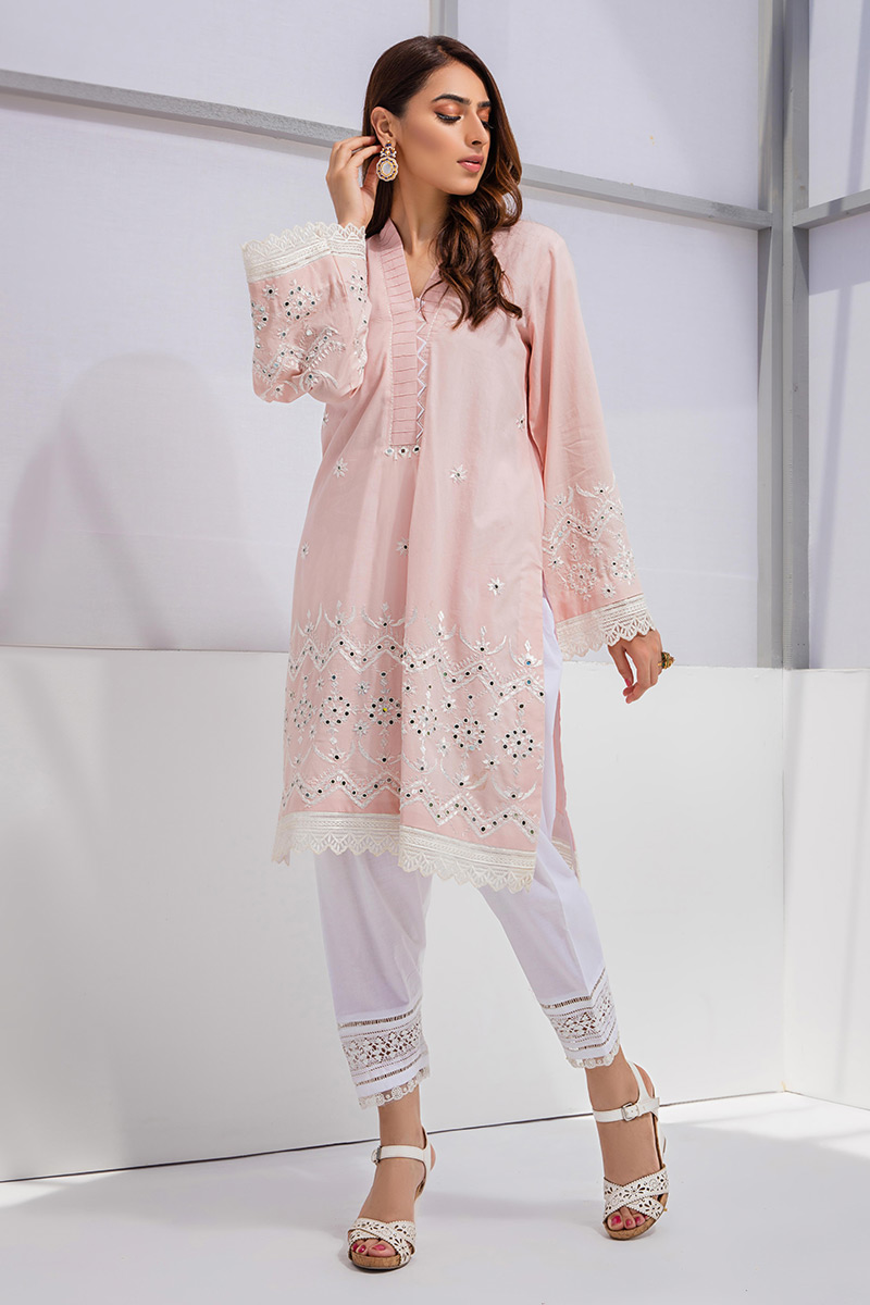 Pakistani Strawberry Cream Hand-Embroidered Cotton Salwar Kameez (3-Piece) - Image 1