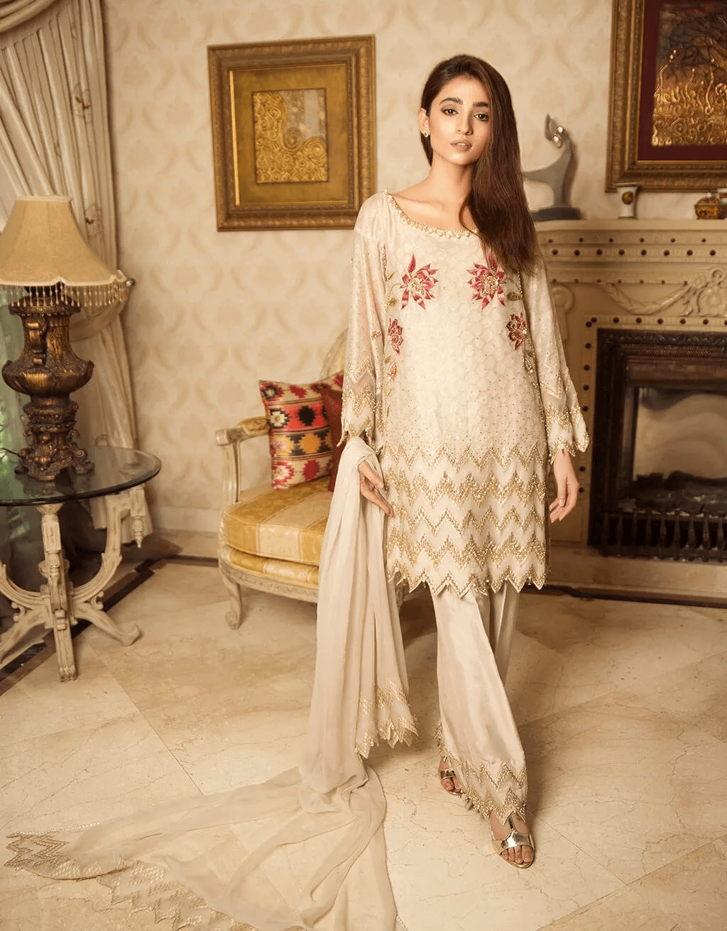 Cream Embroidered Cotton Net & Organza Salwar Kameez (3-Piece) - Image 1