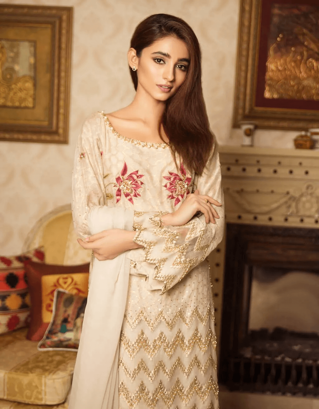 Cream Embroidered Cotton Net & Organza Salwar Kameez (3-Piece) - Image 2