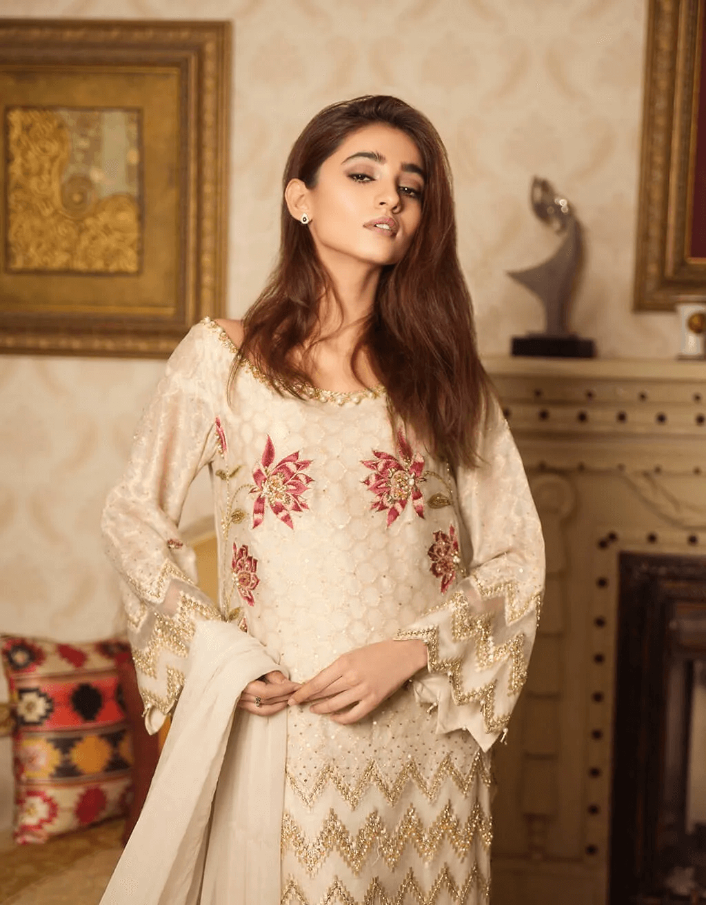 Cream Embroidered Cotton Net & Organza Salwar Kameez (3-Piece) - Image 3