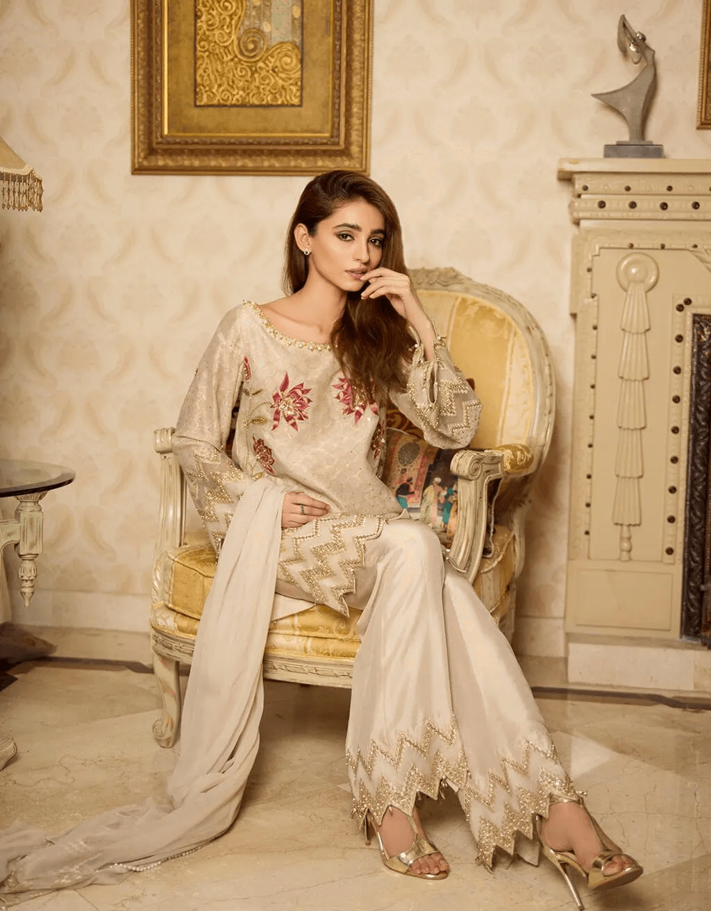 Cream Embroidered Cotton Net & Organza Salwar Kameez (3-Piece) - Image 4