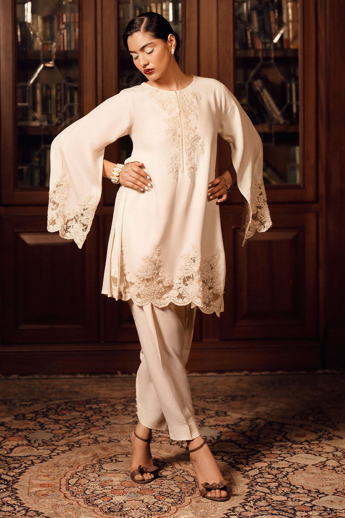 Pakistani Creme White Embellished Georgette Short Shirt & Silk Shalwar (2-Piece) - Image 1
