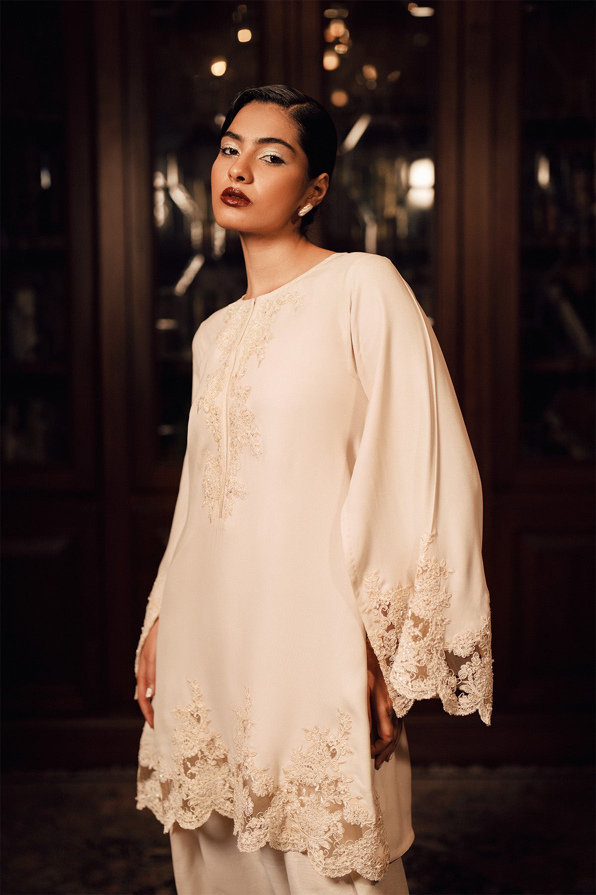 Pakistani Creme White Embellished Georgette Short Shirt & Silk Shalwar (2-Piece) - Image 2