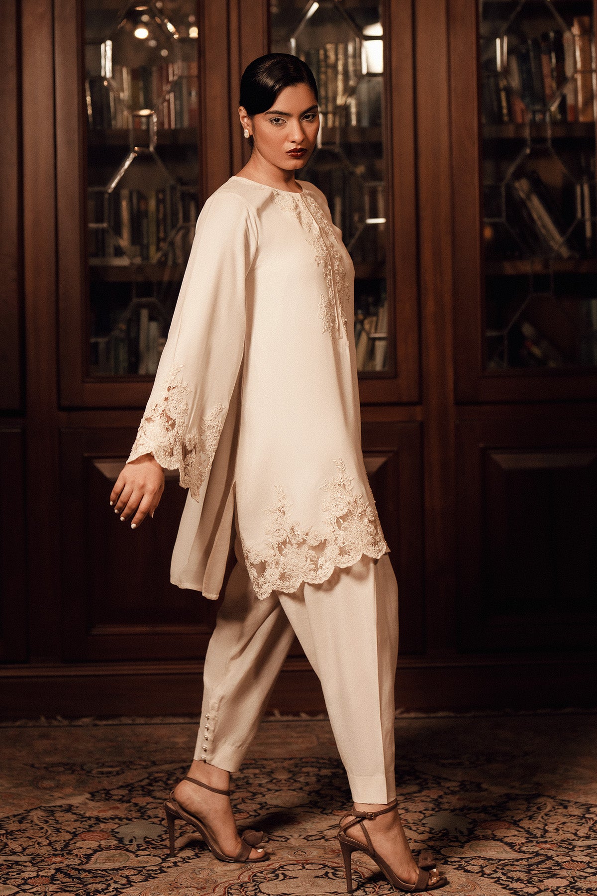 Pakistani Creme White Embellished Georgette Short Shirt & Silk Shalwar (2-Piece) - Image 3