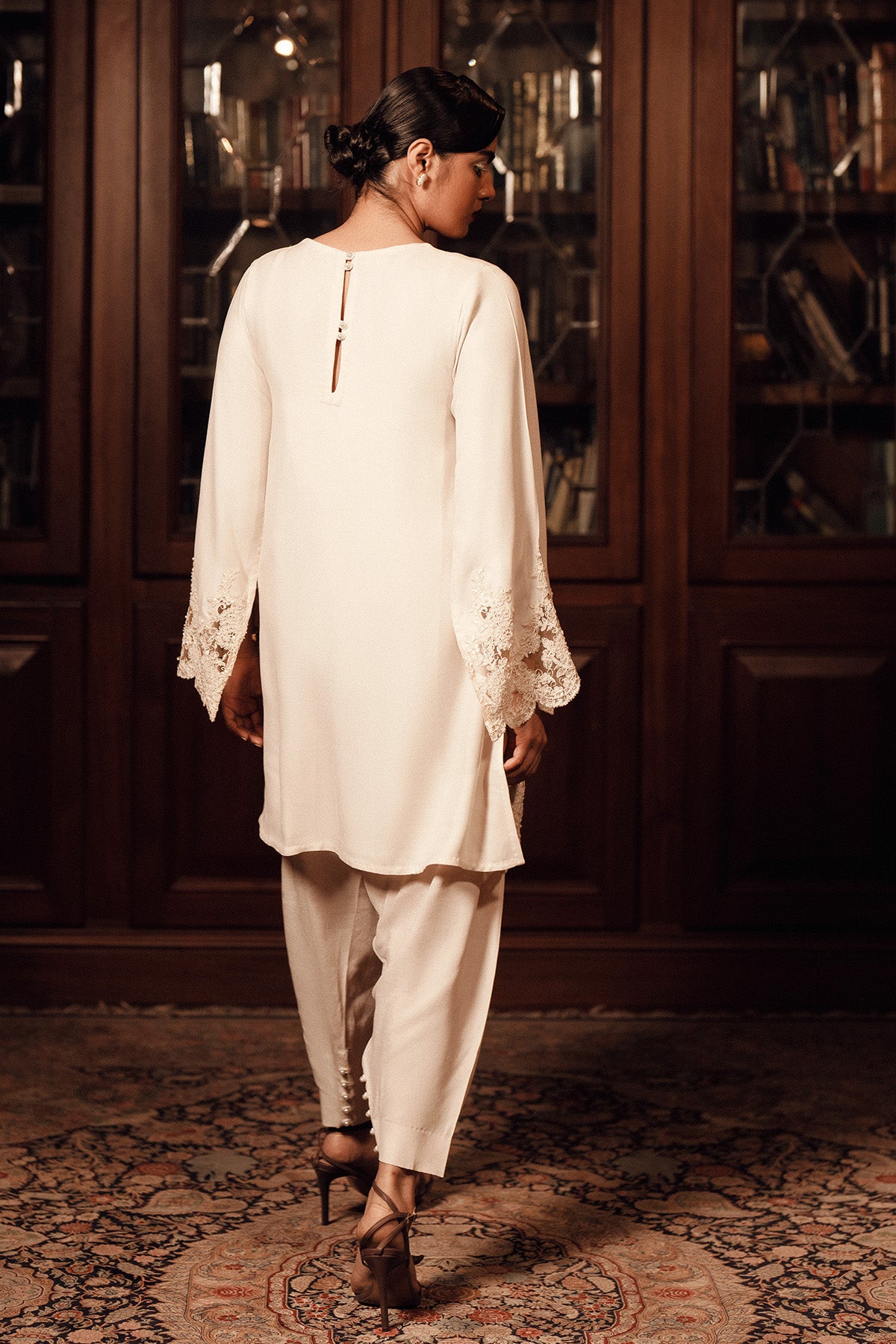 Pakistani Creme White Embellished Georgette Short Shirt & Silk Shalwar (2-Piece) - Image 4