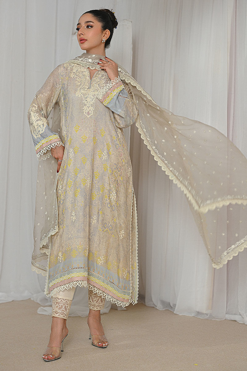 Pakistani Cream Aari Embroidered Khaddi Silk Salwar Kameez (3-Piece) - Image 3