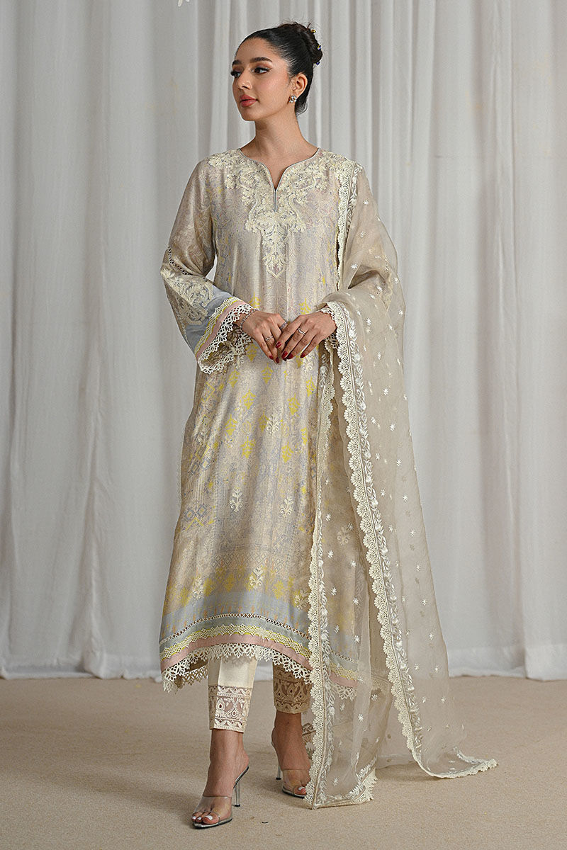 Pakistani Cream Aari Embroidered Khaddi Silk Salwar Kameez (3-Piece) - Image 5