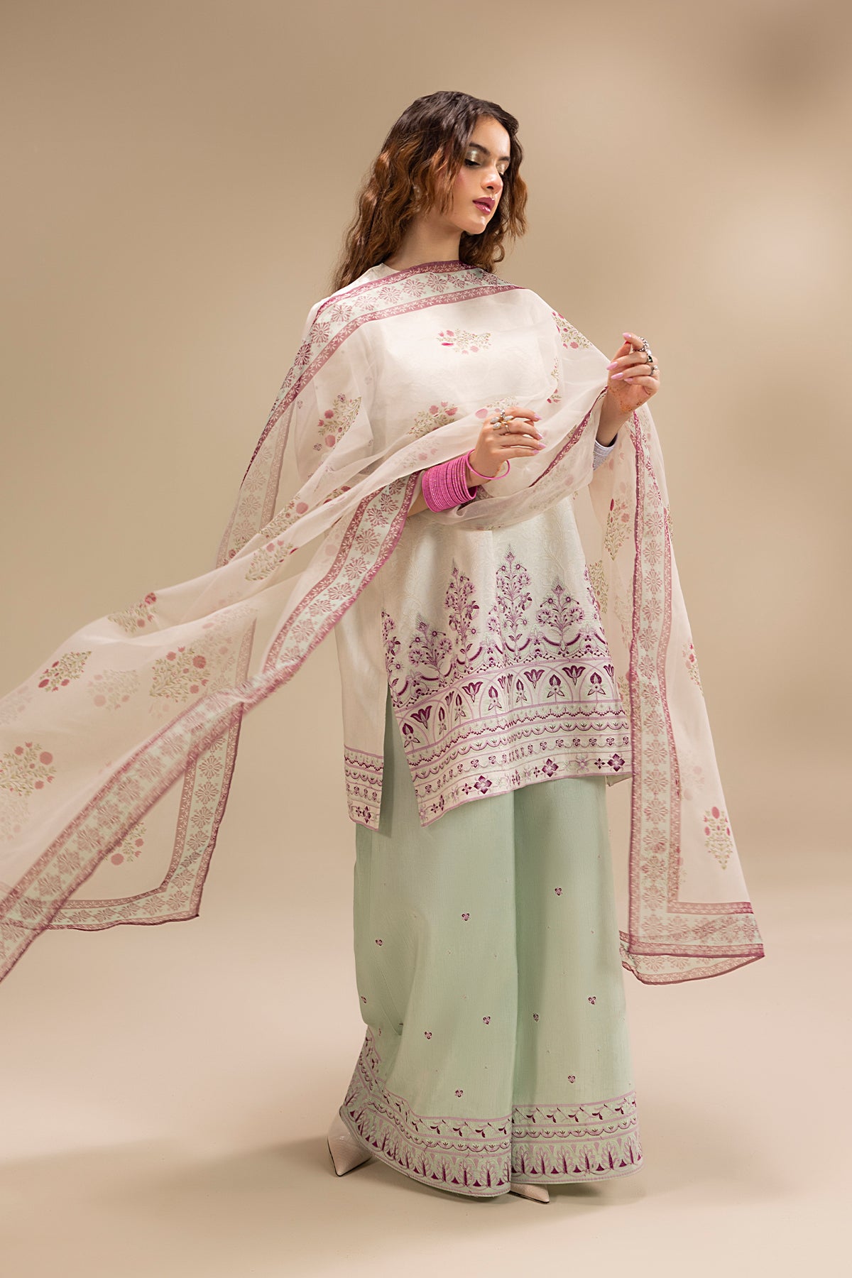 Cream Embroidered Korean Silk Salwar Kameez (3-Piece) - Image 10