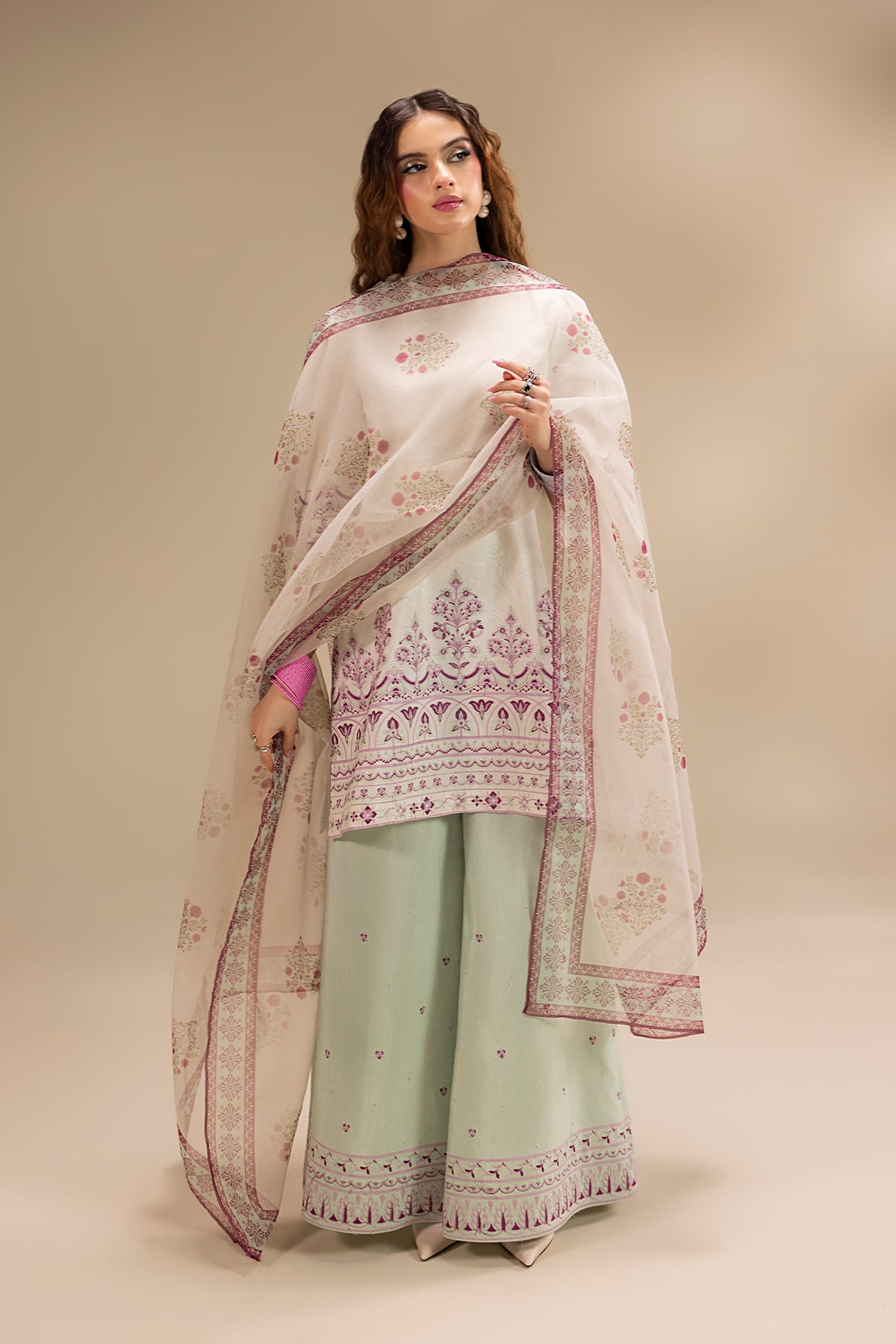Cream Embroidered Korean Silk Salwar Kameez (3-Piece) - Image 11