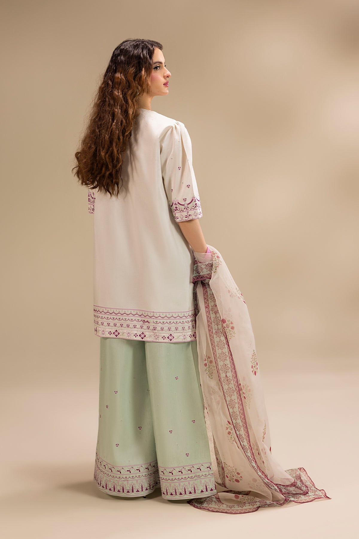 Cream Embroidered Korean Silk Salwar Kameez (3-Piece) - Image 12