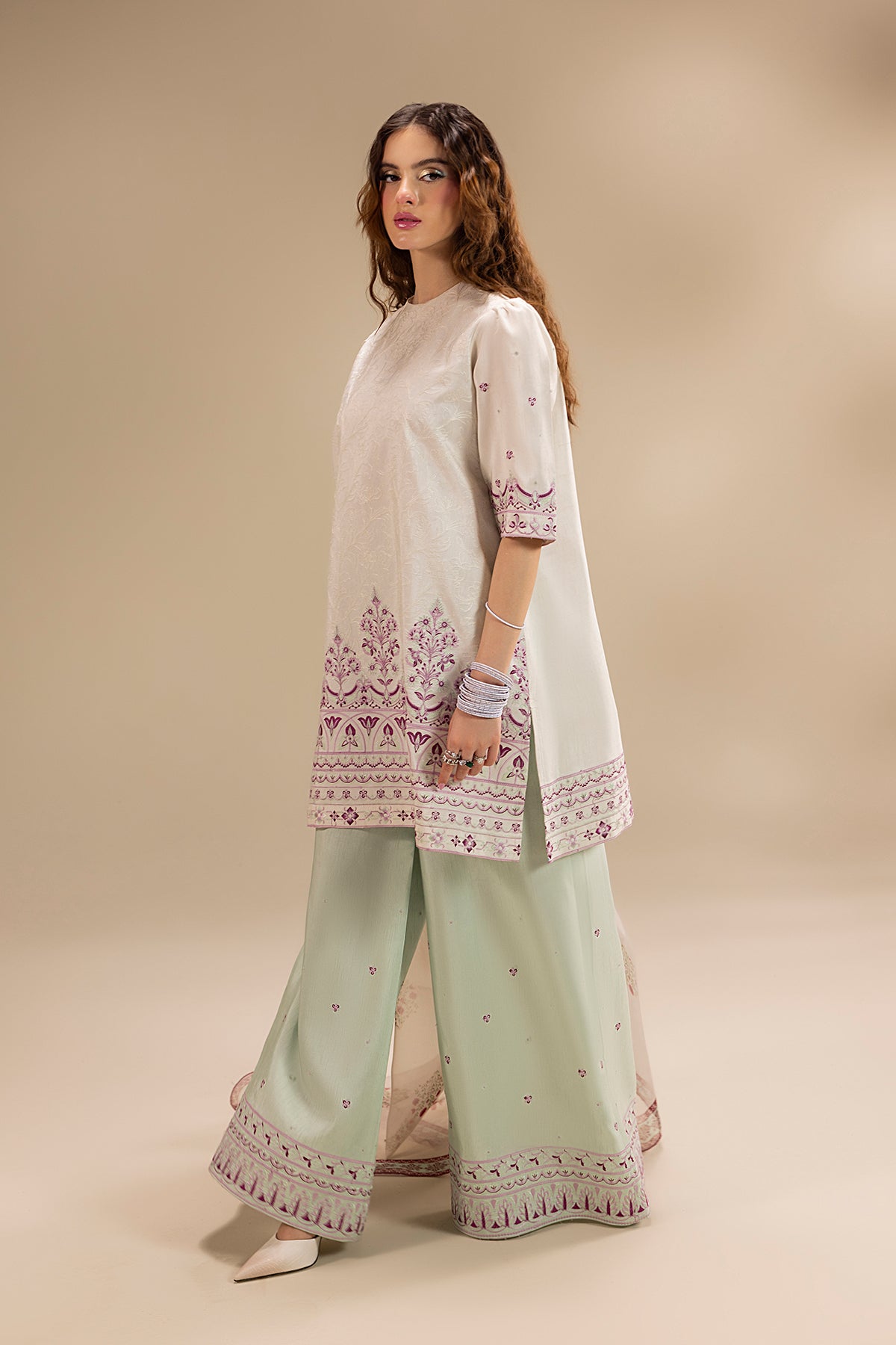 Cream Embroidered Korean Silk Salwar Kameez (3-Piece) - Image 13