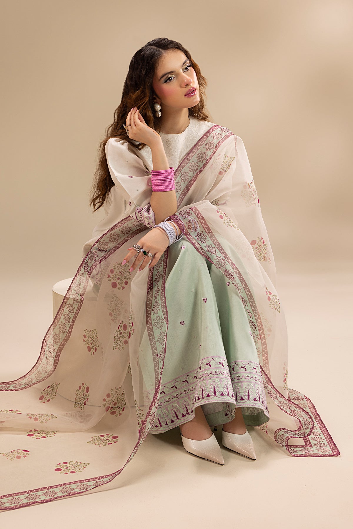 Cream Embroidered Korean Silk Salwar Kameez (3-Piece) - Image 2