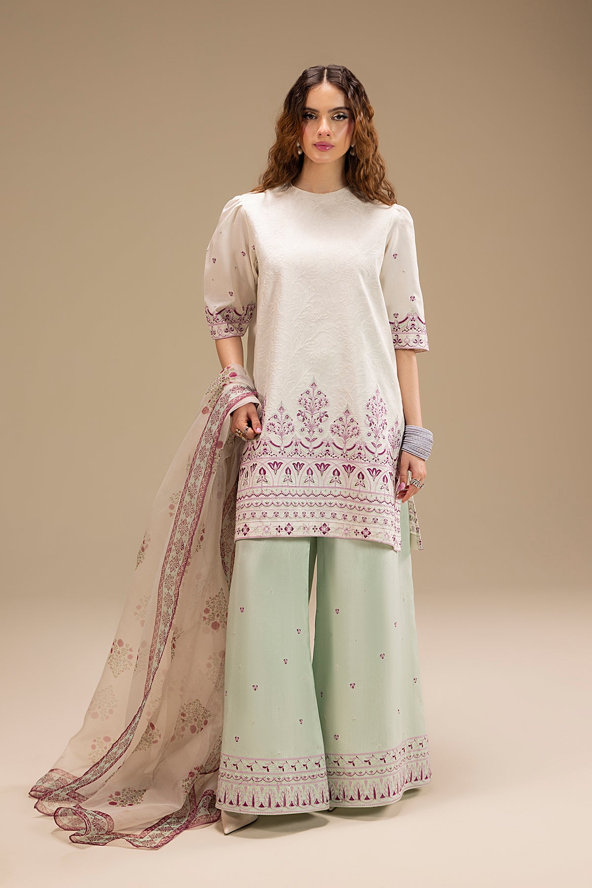 Cream Embroidered Korean Silk Salwar Kameez (3-Piece) - Image 3