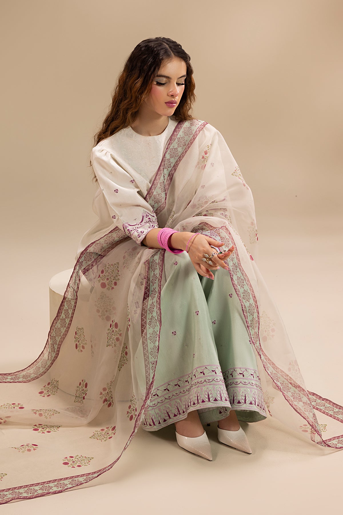 Cream Embroidered Korean Silk Salwar Kameez (3-Piece) - Image 4