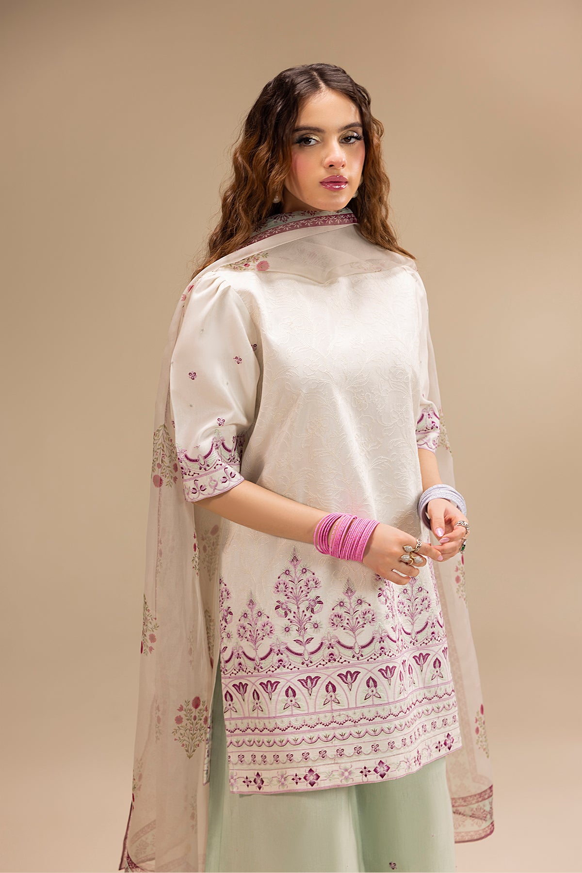 Cream Embroidered Korean Silk Salwar Kameez (3-Piece) - Image 5