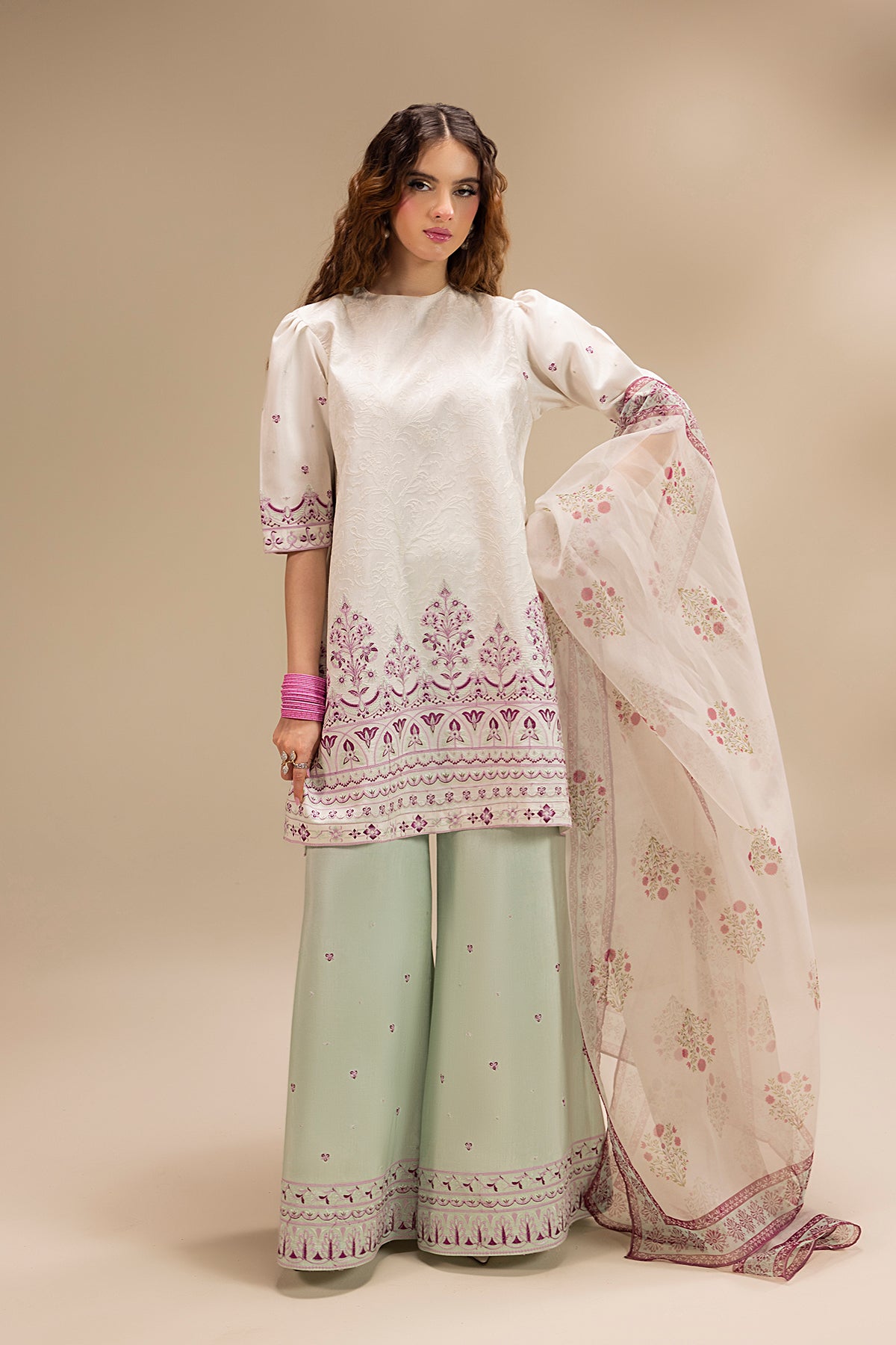 Cream Embroidered Korean Silk Salwar Kameez (3-Piece) - Image 6