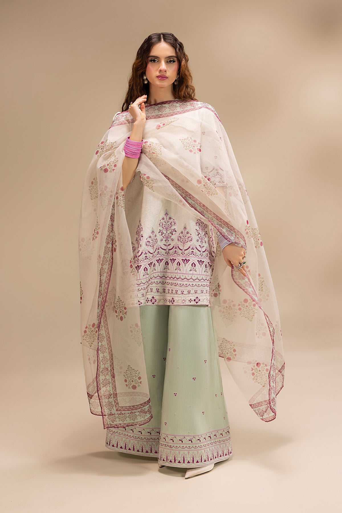 Cream Embroidered Korean Silk Salwar Kameez (3-Piece) - Image 8