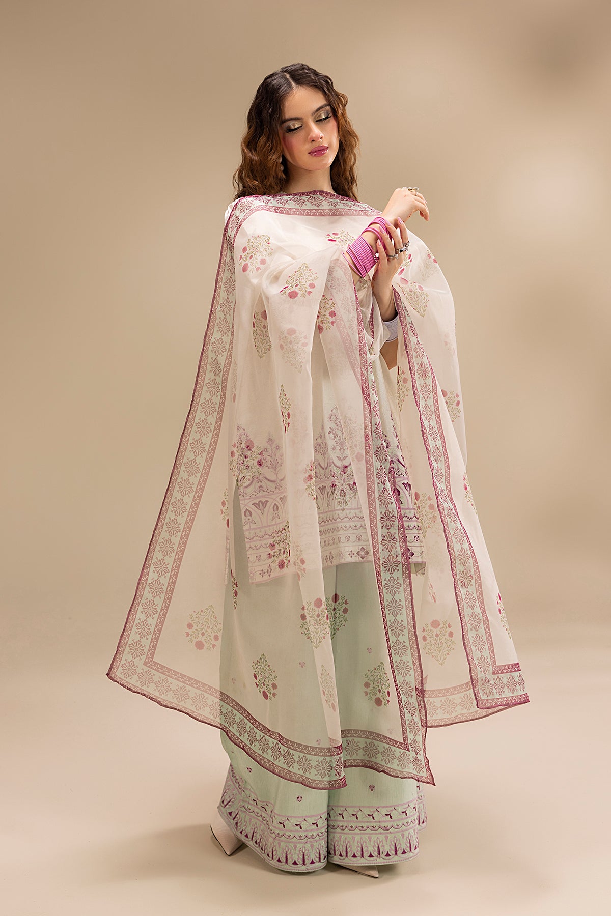 Cream Embroidered Korean Silk Salwar Kameez (3-Piece) - Image 9