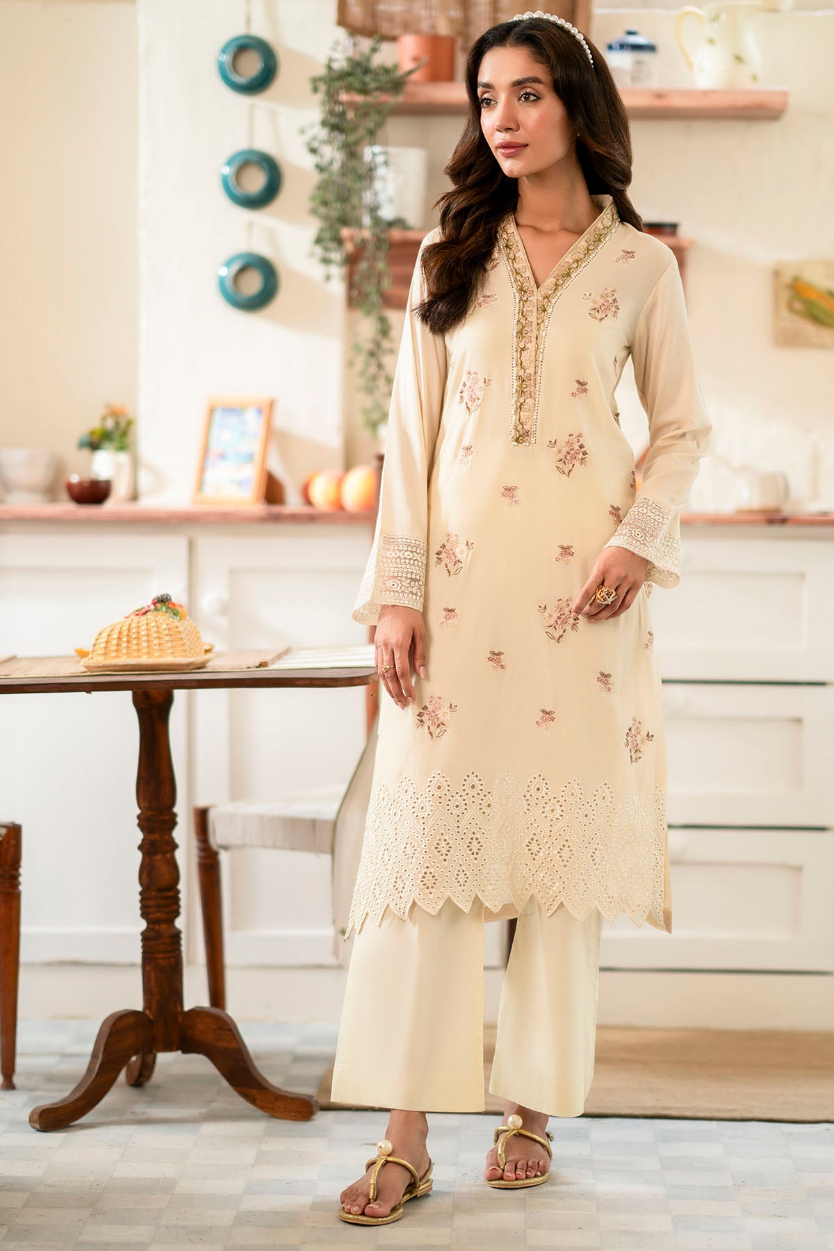 Cream Schiffli Embroidered Lawn Salwar Kameez (2-Piece) - Image 1