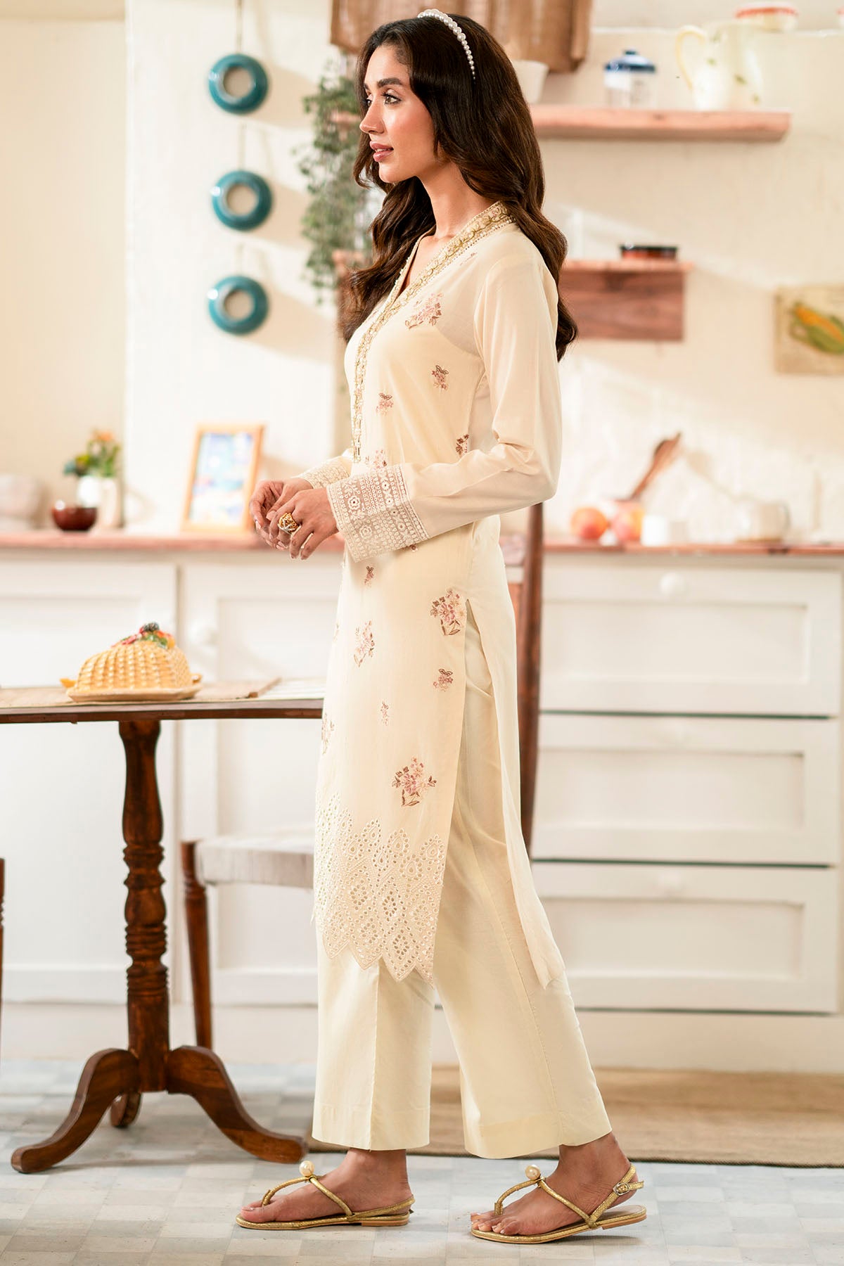 Cream Schiffli Embroidered Lawn Salwar Kameez (2-Piece) - Image 2