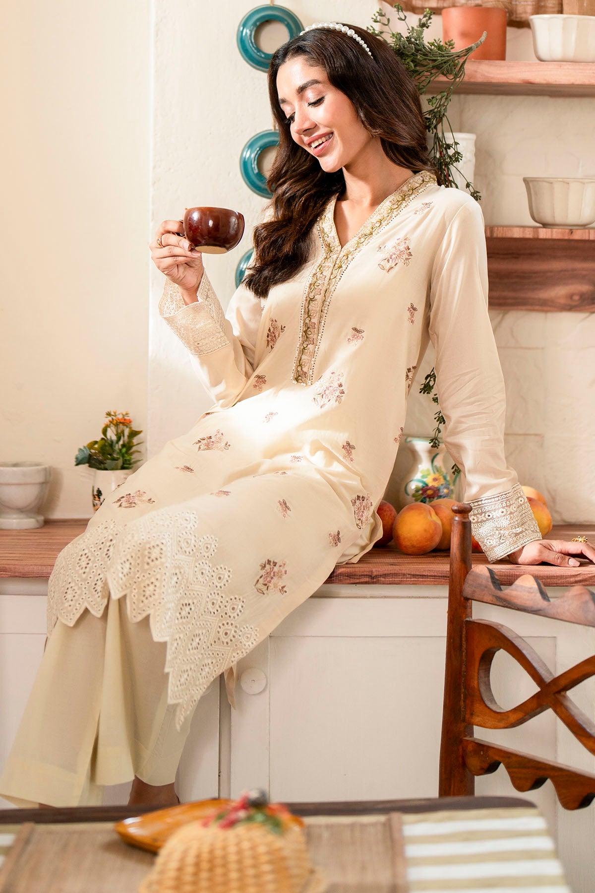 Cream Schiffli Embroidered Lawn Salwar Kameez (2-Piece) - Image 3