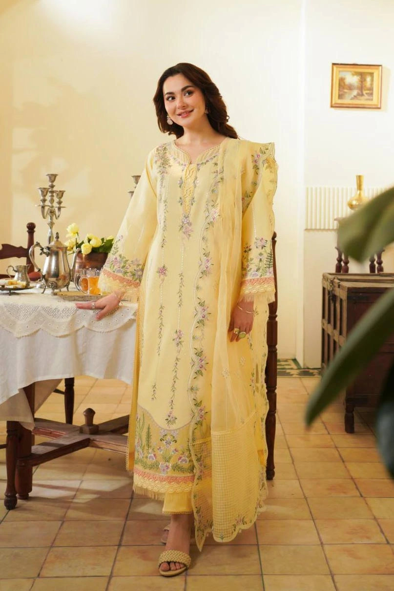 Pakistani Tuscan Cream Embroidered Lawn & Organza Salwar Kameez (3-Piece) - Image 1