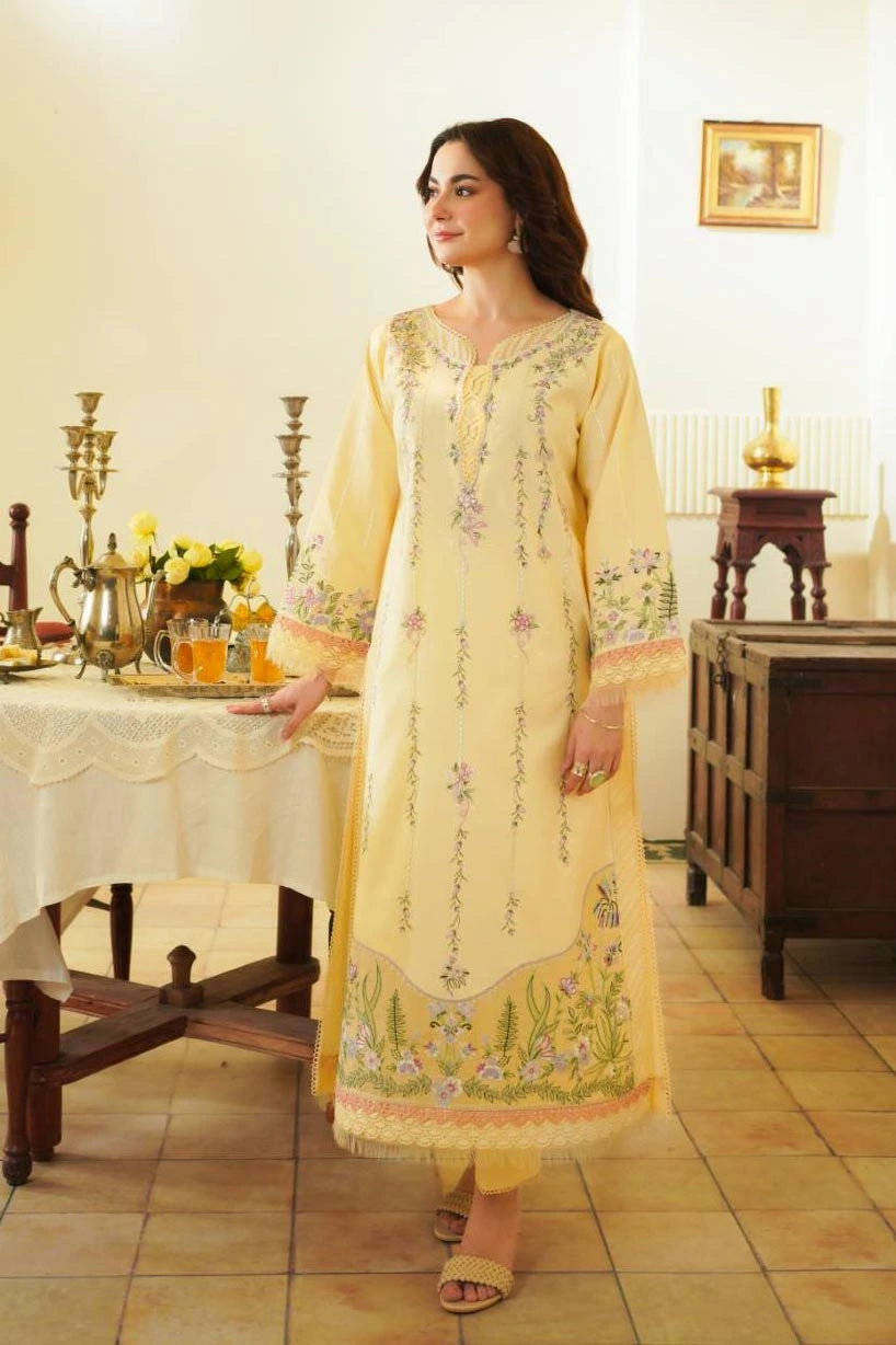 Pakistani Tuscan Cream Embroidered Lawn & Organza Salwar Kameez (3-Piece) - Image 2
