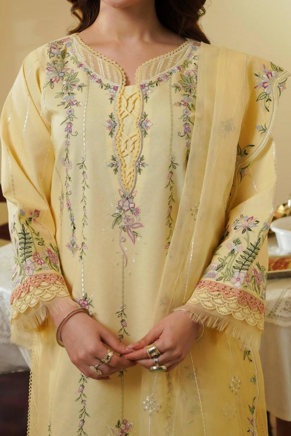 Pakistani Tuscan Cream Embroidered Lawn & Organza Salwar Kameez (3-Piece) - Image 3