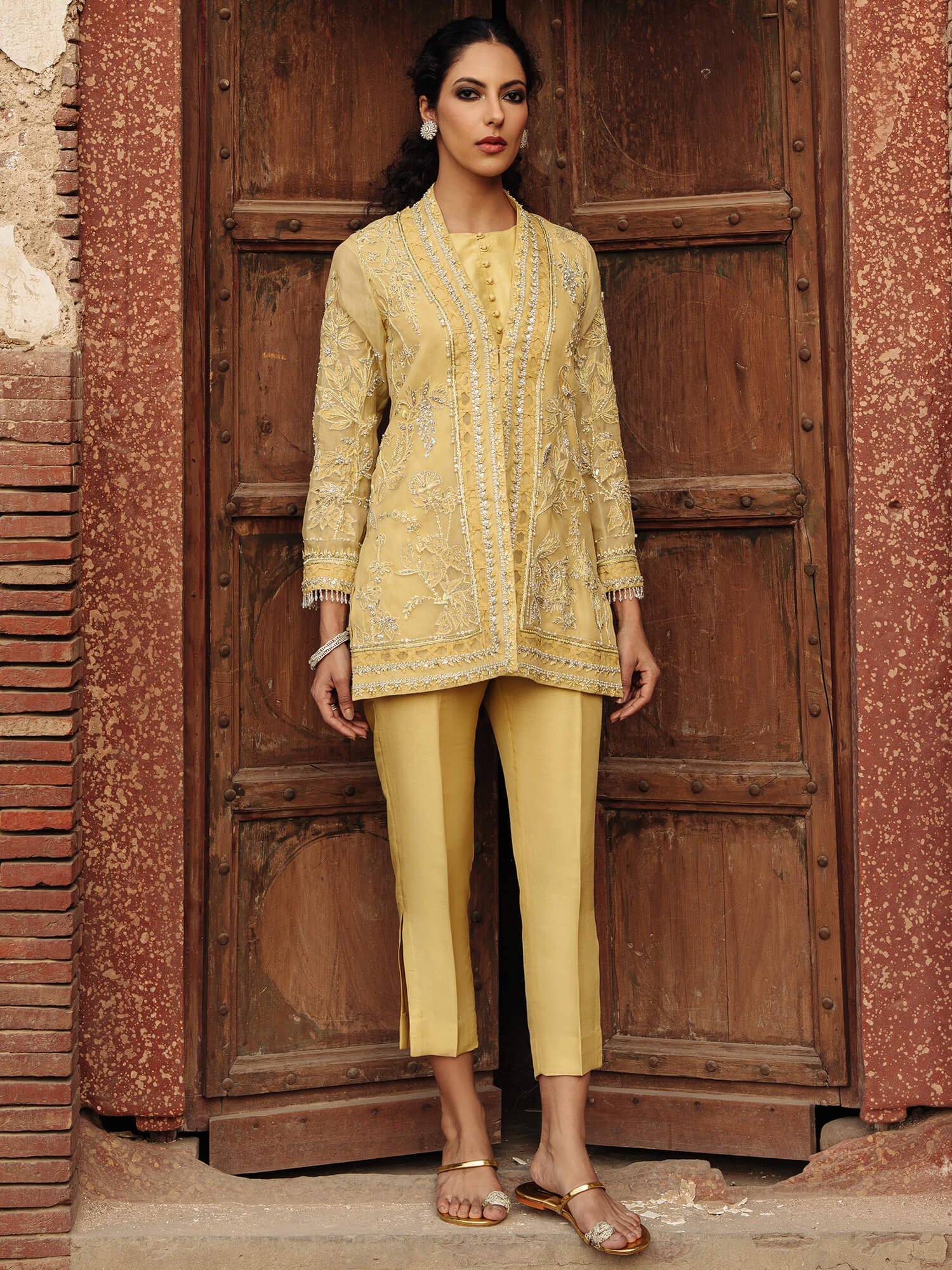 Pakistani Yellow Cream Embroidered Organza Coat Set (3-Piece) - Image 1