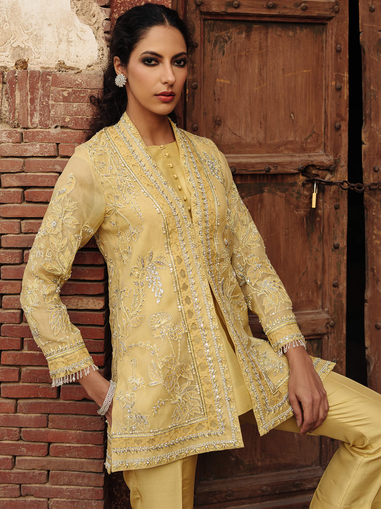 Pakistani Yellow Cream Embroidered Organza Coat Set (3-Piece) - Image 2