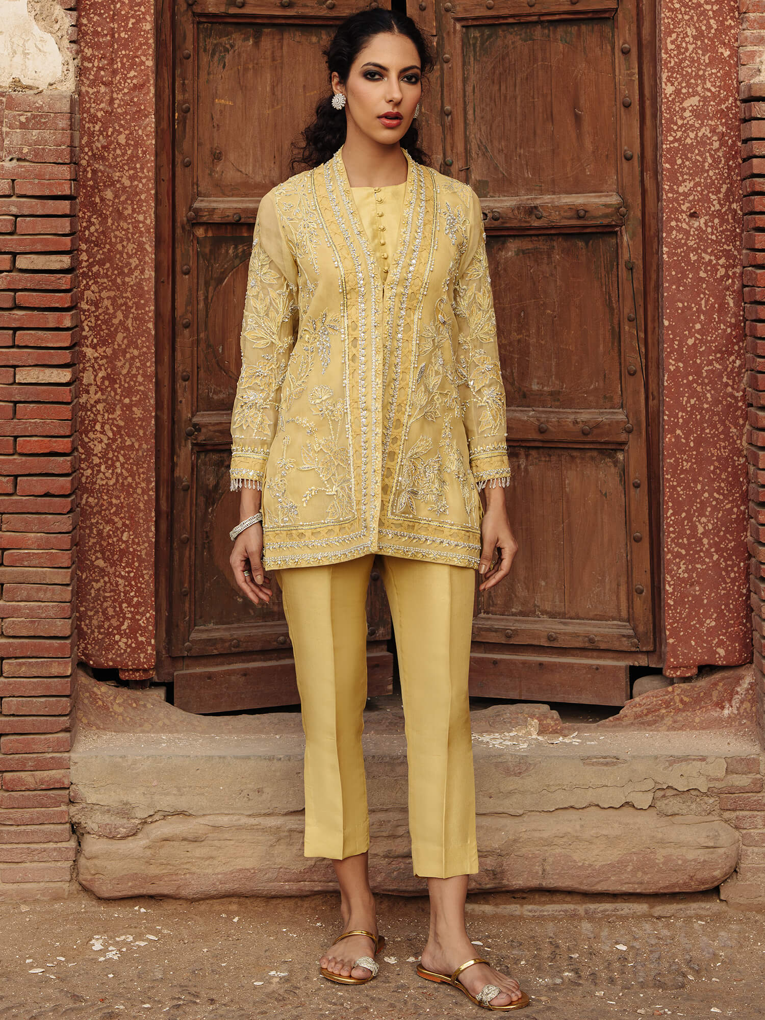 Pakistani Yellow Cream Embroidered Organza Coat Set (3-Piece) - Image 3